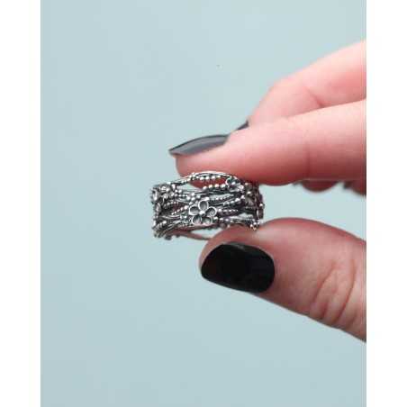 LAMBU ring | Oxidized Sterling Silver with Flower Design | moon