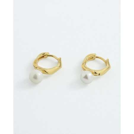 WATA Pearl Golden Hoops | Irregular Hoop and Waves in Sterling Silver with Pearl - moon