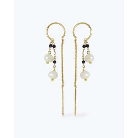 ALONNA Earrings | Gold-plated silver earrings with chains and natural pearls - Moon