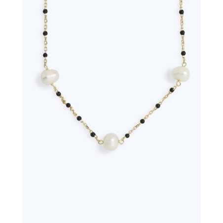 ALONNA Necklace | Gold-Plated Silver, Cultured Pearls, and Black Stones - Moon