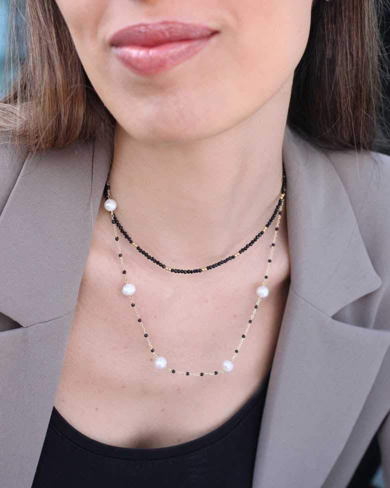 ALONNA Necklace | Gold-Plated Silver, Cultured Pearls, and Black Stones - Moon
