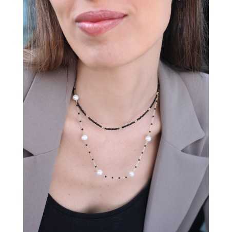 Collar ALONNA | Plata con Baño Dorado, Perlas Cultivadas y Piedras Negras - moon