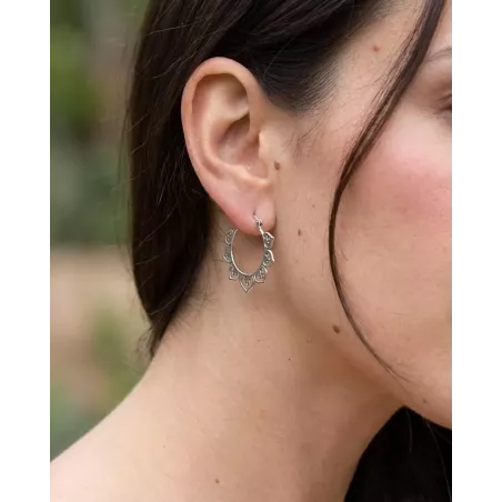 SARU Earrings | Women's Sterling Silver Hoop Earrings with Ethnic Embellishments - moon