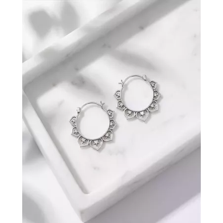 SARU Earrings | Women's Sterling Silver Hoop Earrings with Ethnic Embellishments - moon