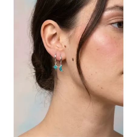 TYRA Hoop Earrings | Sterling Silver Earrings with Moon and Opal Star - moon