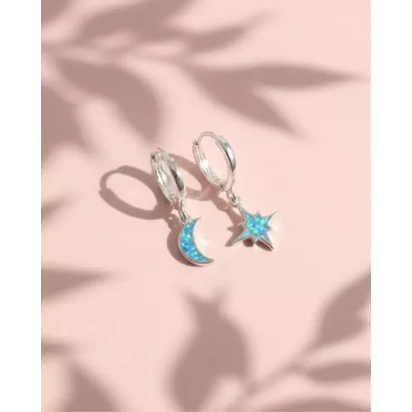 TYRA Hoop Earrings | Sterling Silver Earrings with Moon and Opal Star - moon