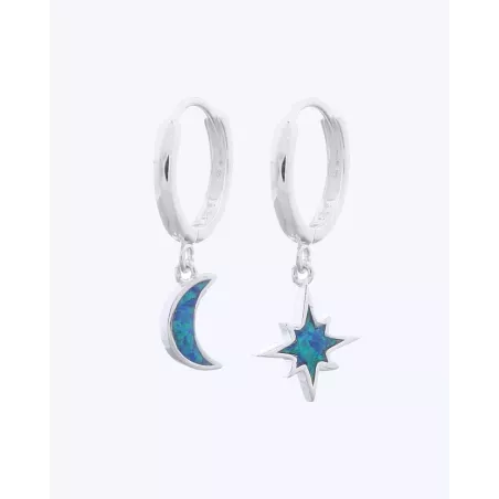 TYRA Hoop Earrings | Sterling Silver Earrings with Moon and Opal Star - moon