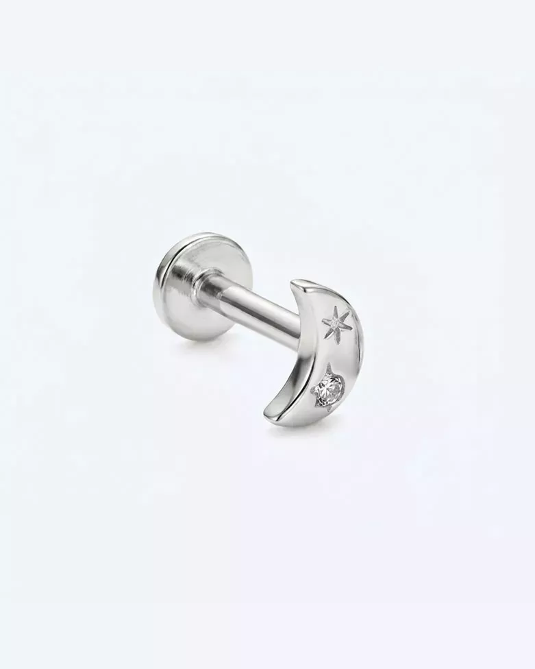 NIVA Silver Piercing | 925 Sterling Silver Crescent Moon with Cubic Zirconia - moon