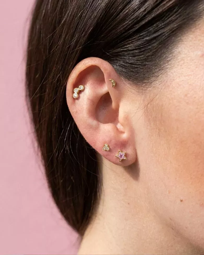 Gold Coran Piercing | Three Gold Sparkles with Cubic Zirconia - Moon